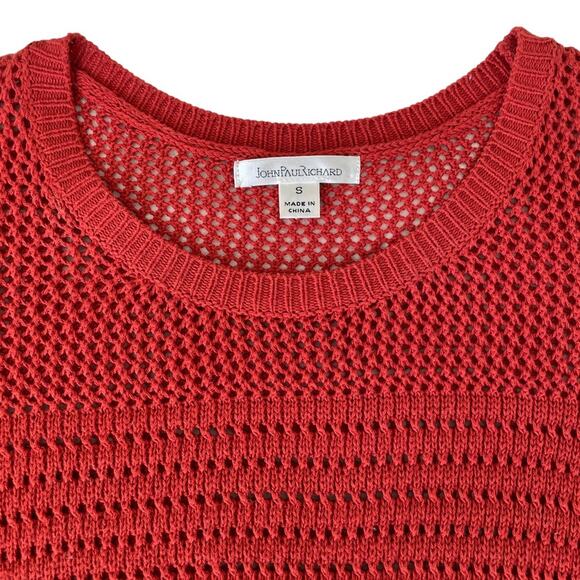 JohnPaulRichard Fringe Hem Red Knit Crocheted Short Sleeve Sweater Top Small - Picture 2 of 11